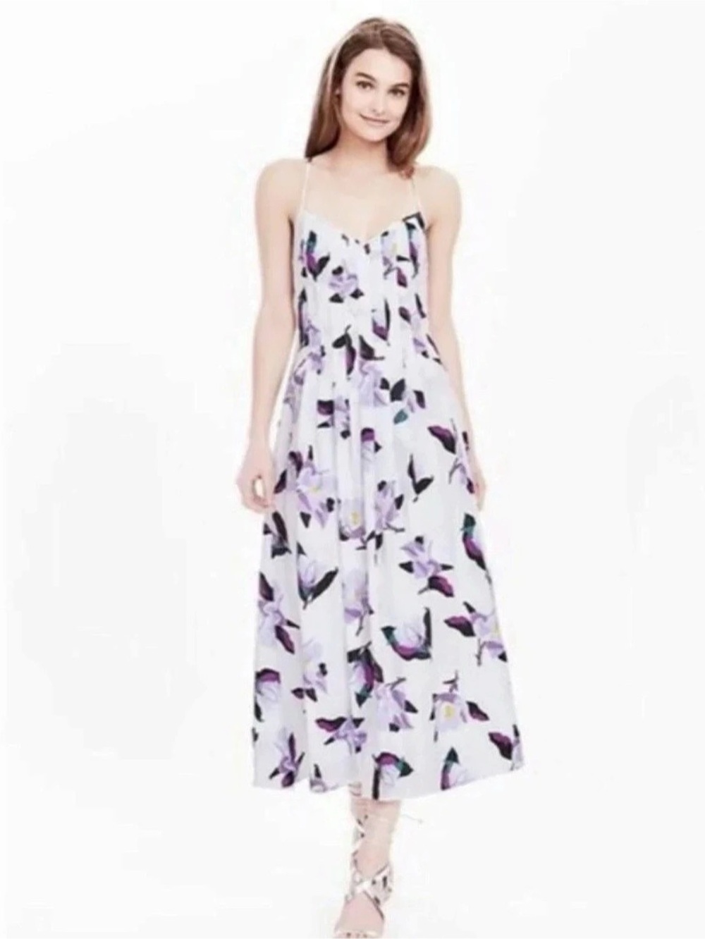 Banana Republic Floral Maxi Dress in White & Purple Size 10P